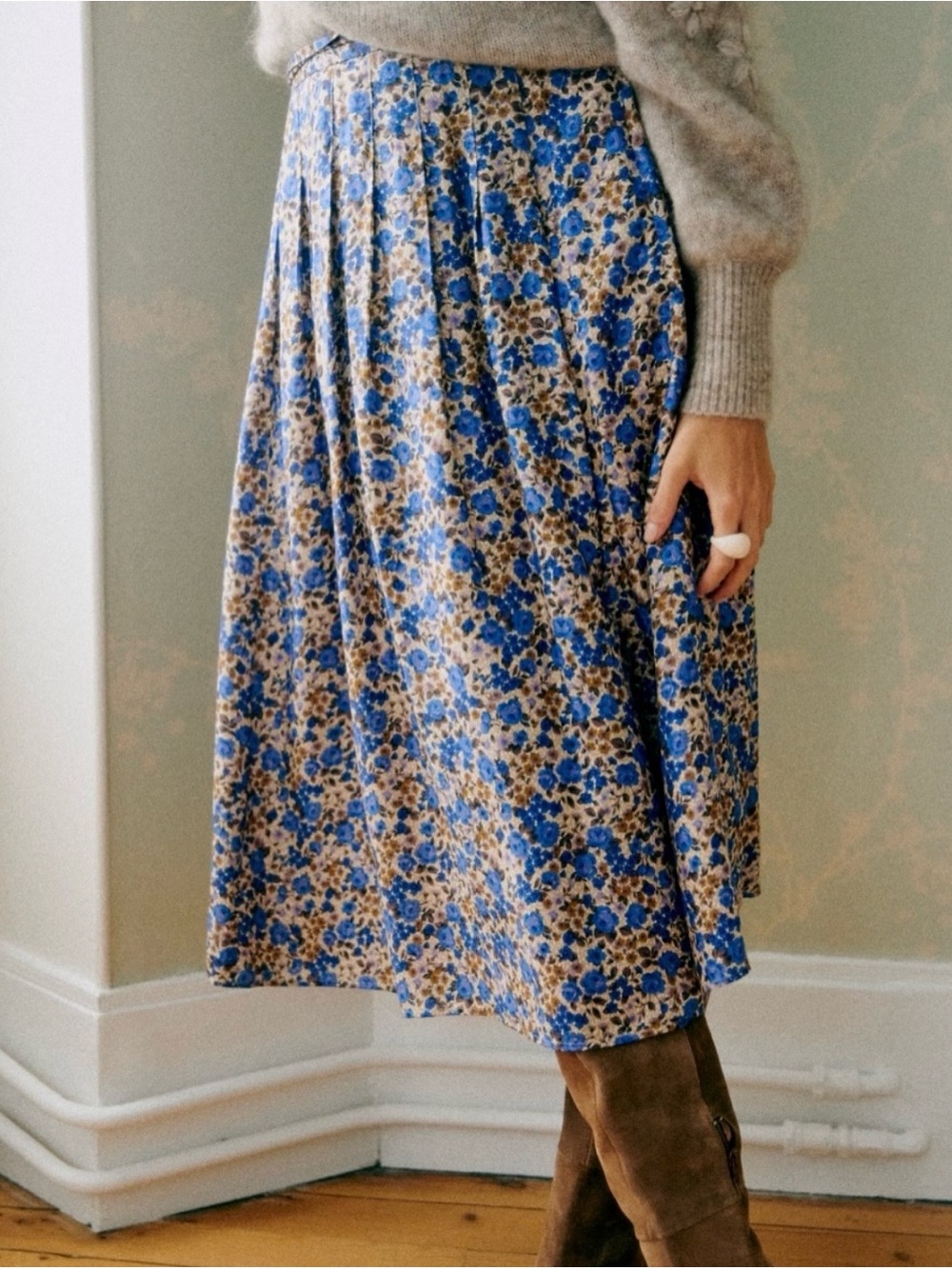 Sezane Alicia Blue Floral A-Line Midi Skirt